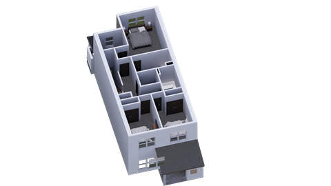 a 3d rendering of a house with a floor plan and a roof